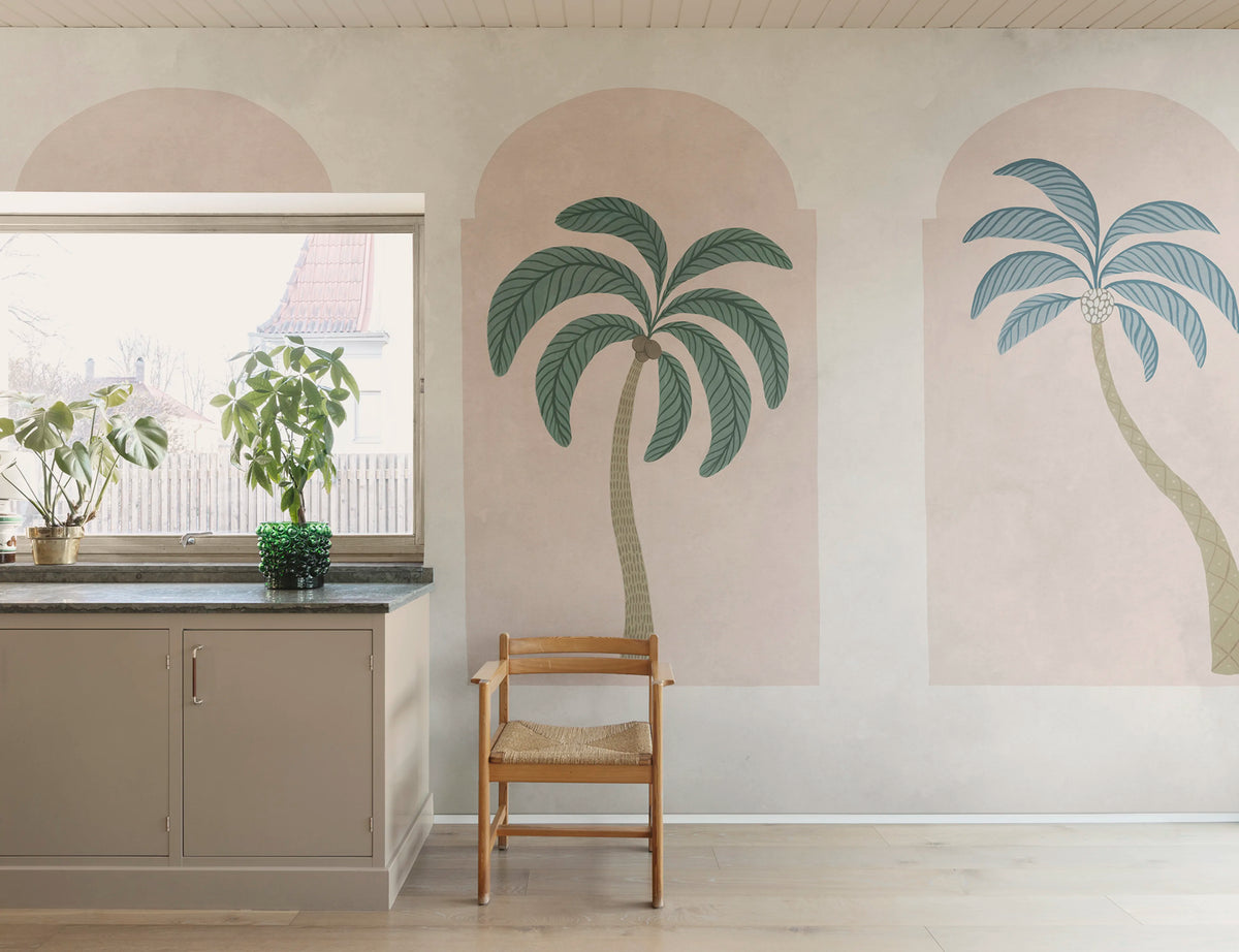 Palm Arches, Green & Pink Mural Wallpaper - room preview 02