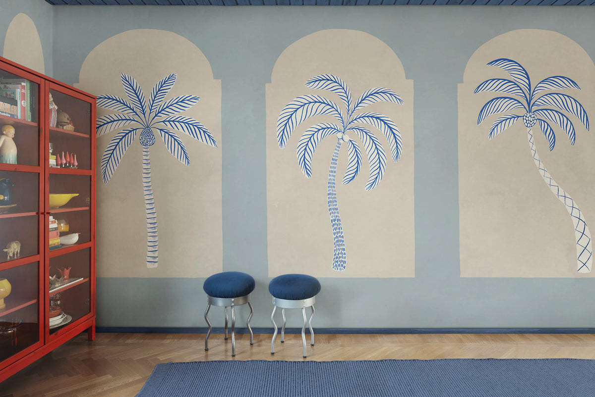 Palm Arches, Blue Mural Wallpaper - room preview 02