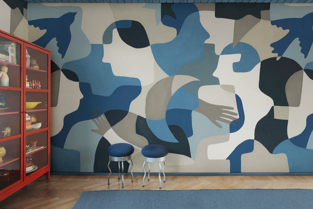 Silent Conversation, Blue Mural Wallpaper - room preview 02