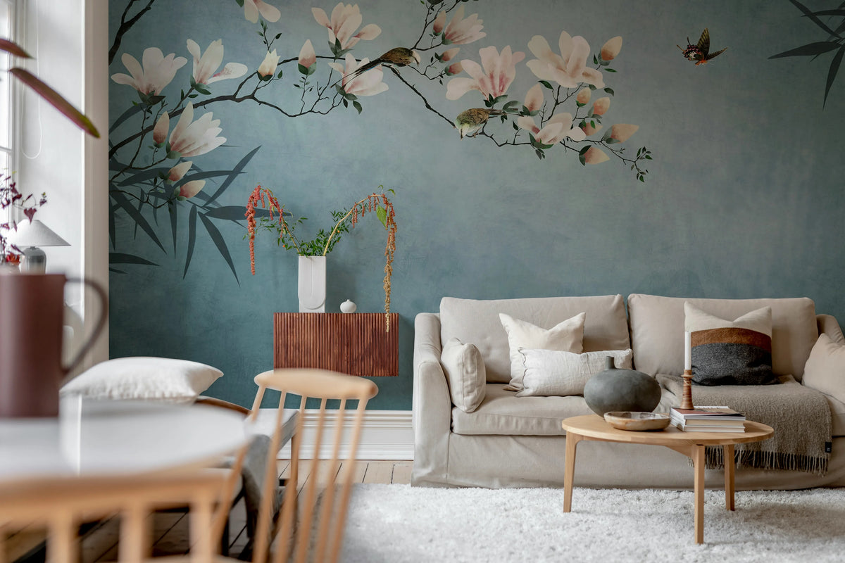 Bird Branch, Blue Mural Wallpaper - room preview 02