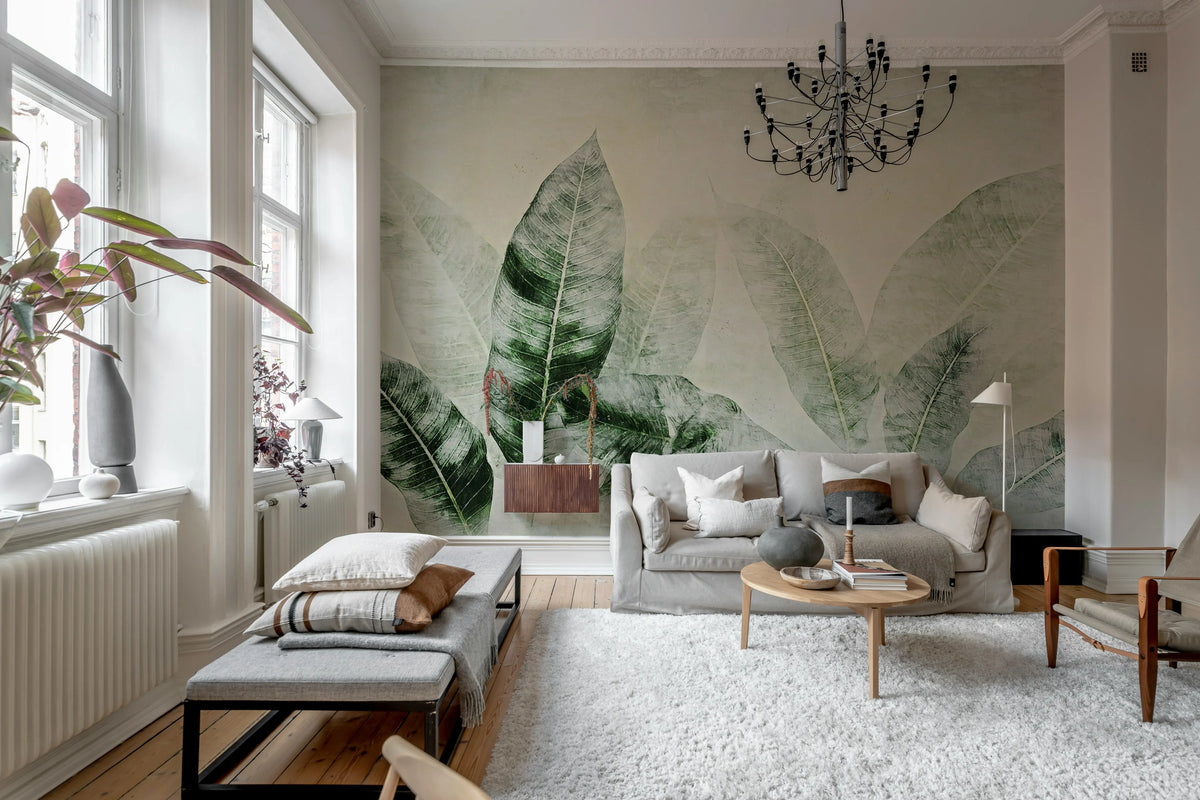 Misty Leafs, Green Mural Wallpaper - room preview 02