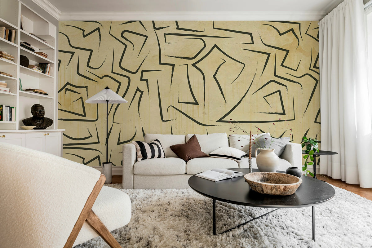 Artistic Lines, Beige Mural Wallpaper - room preview 02