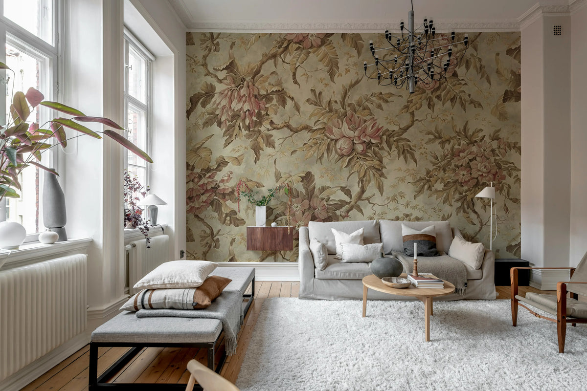 Rustic Bouquet, Beige Mural Wallpaper - room preview 02