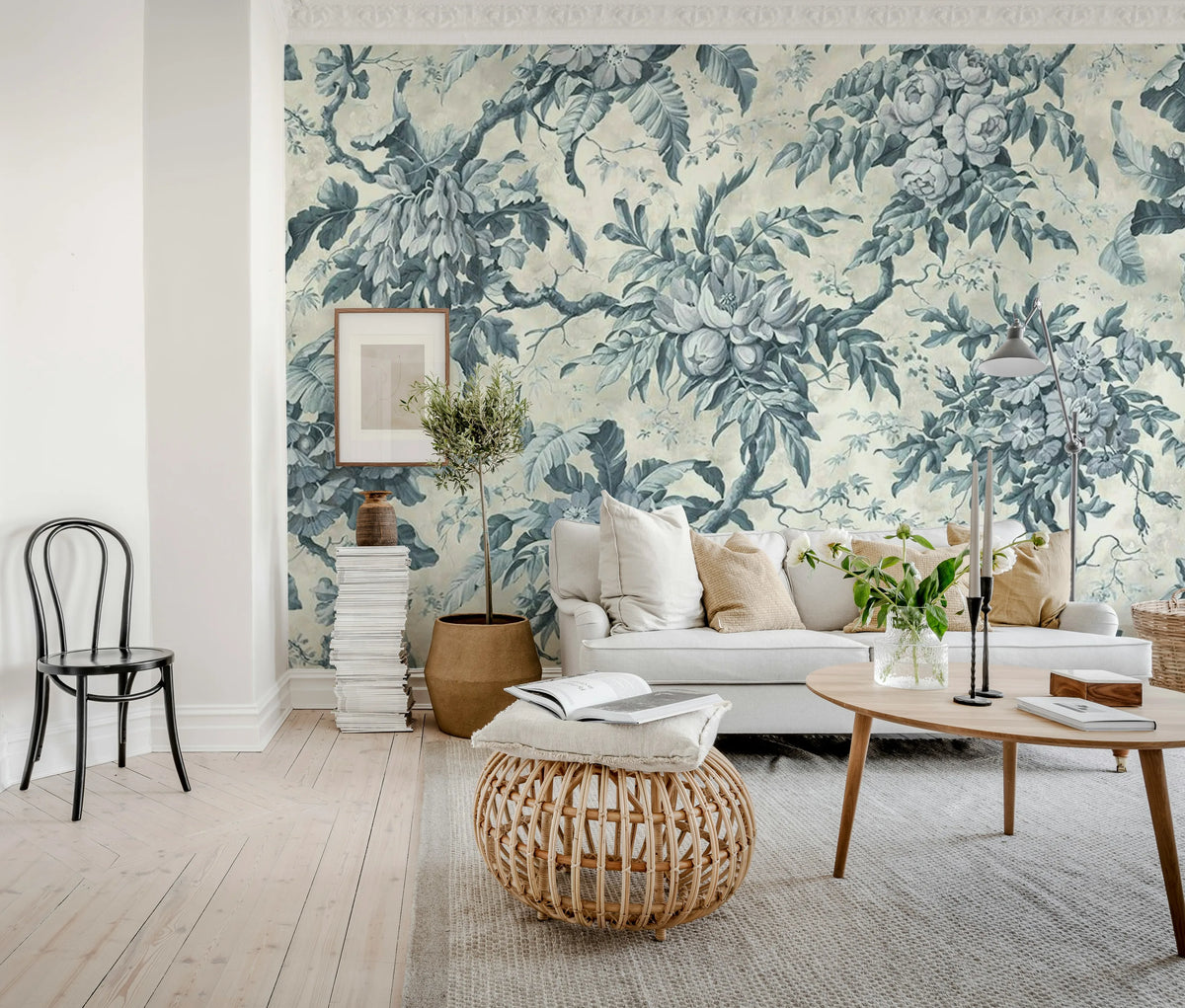 Rustic Bouquet, Blue Mural Wallpaper - room preview 02