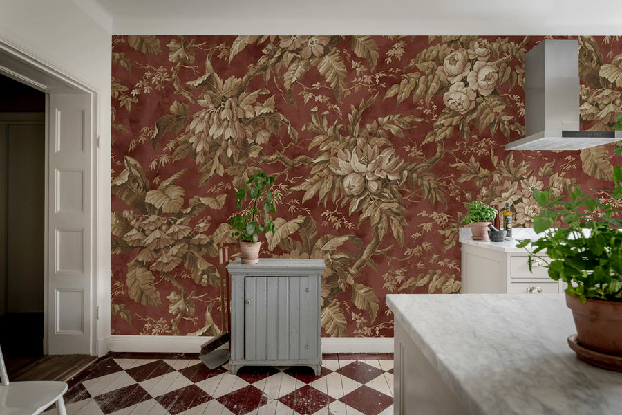 Rustic Bouquet, Red Mural Wallpaper