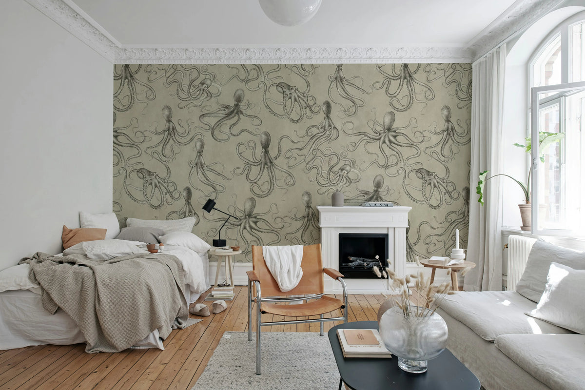 Octopus, Beige Mural Wallpaper - room preview 02