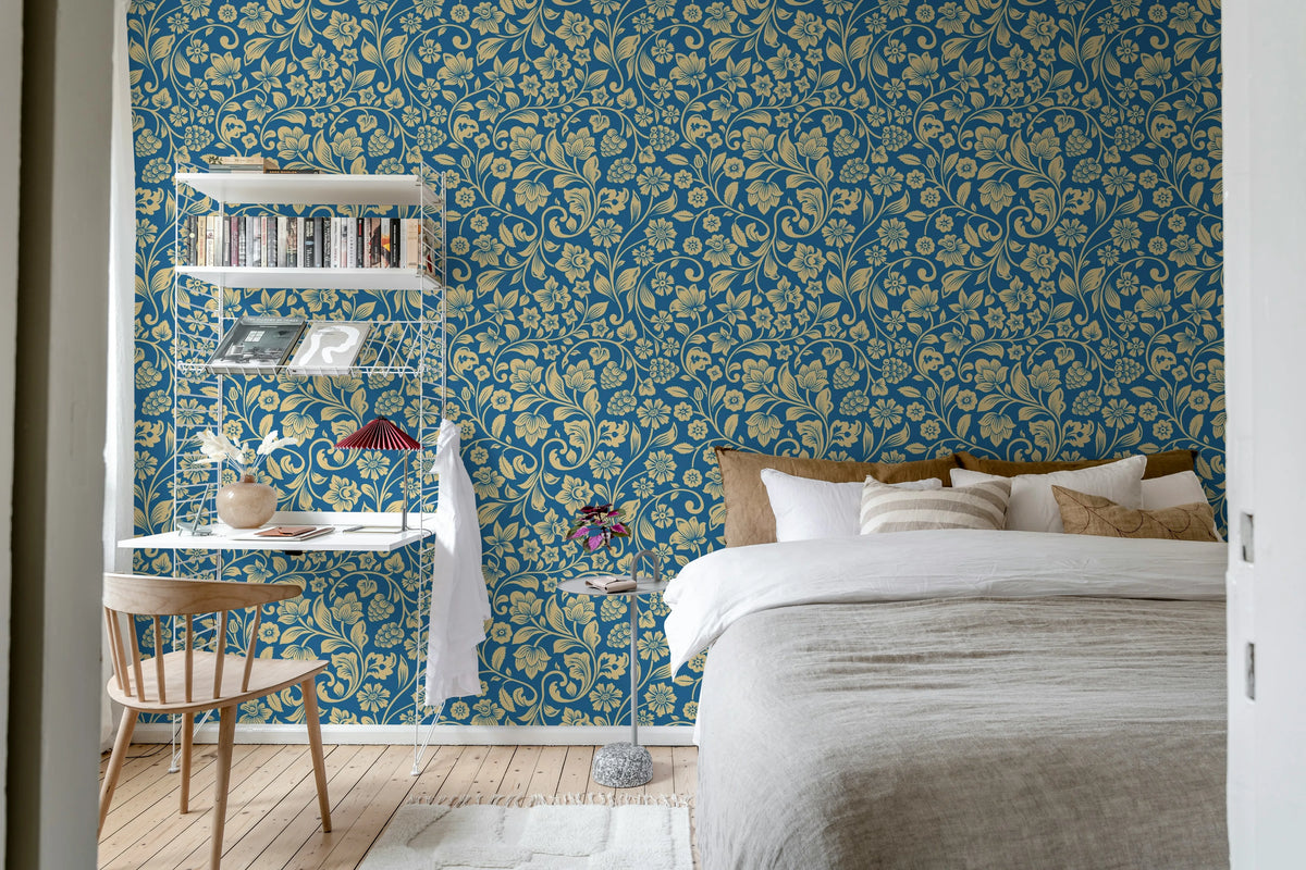 Floral Opulence, Blue Mural Wallpaper - room preview 02