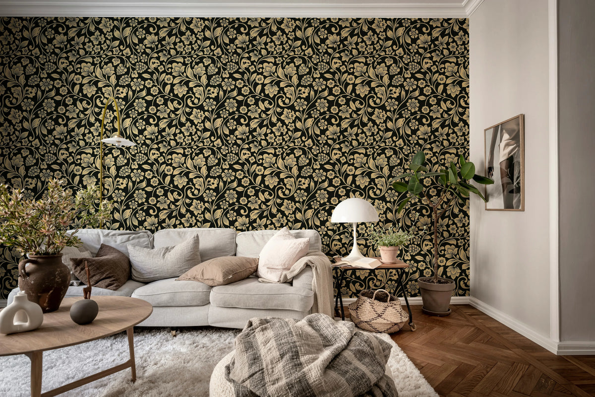 Floral Opulence, Black Mural Wallpaper - room preview 02