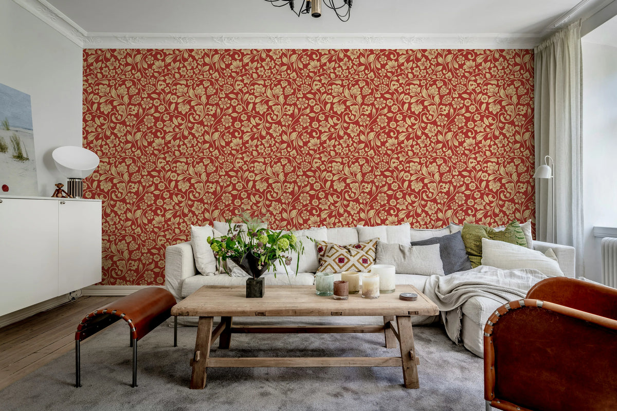 Floral Opulence, Red Mural Wallpaper - room preview 02
