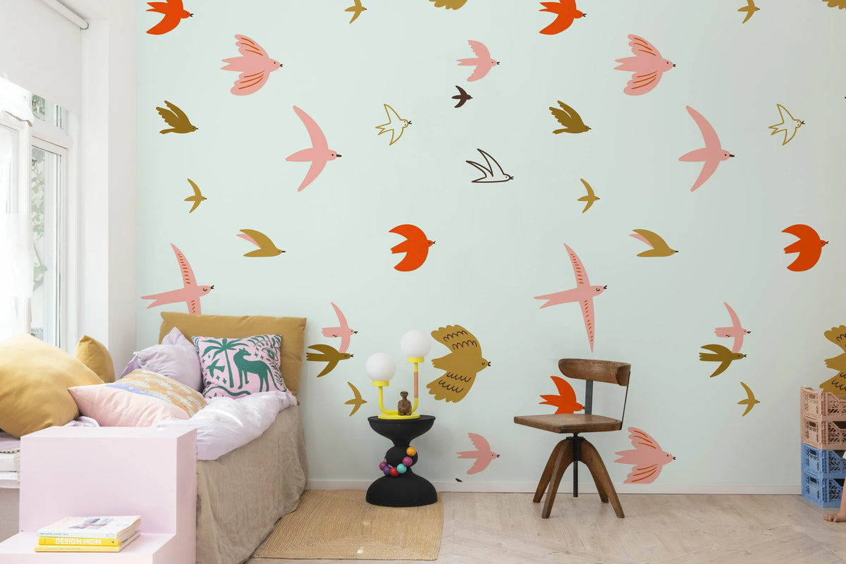 Flying Birds, Light Blue Mural Wallpaper - room preview 02