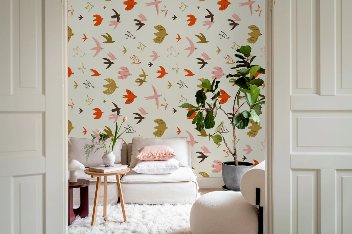 Flying Birds, Pink Mural Wallpaper - room preview 02