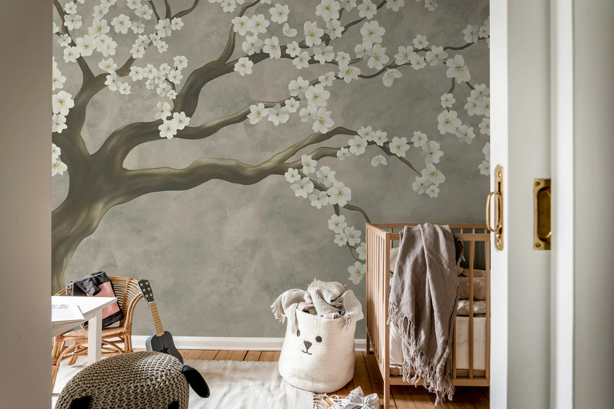 Calm Blossom, White Mural Wallpaper - room preview 02