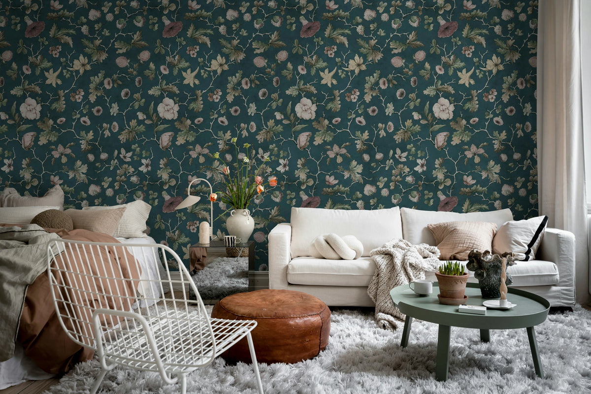 Verdant Bloom, Blue Mural Wallpaper - room preview 02