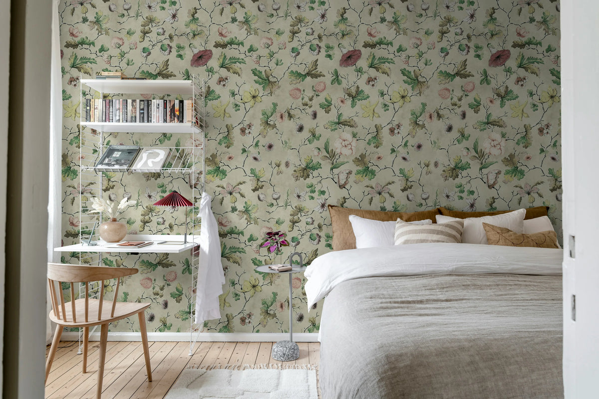 Verdant Bloom, Beige Mural Wallpaper - room preview 02