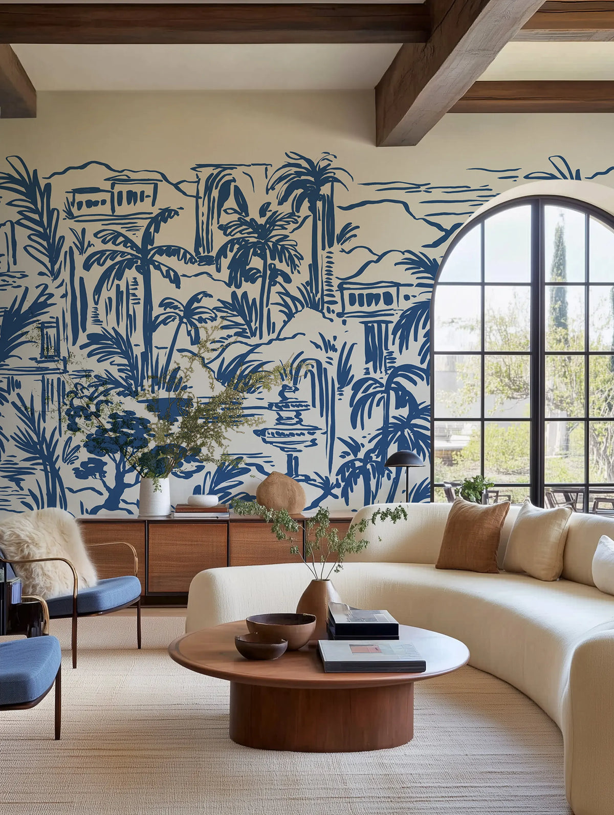 Palm Oasis, Blue Mural Wallpaper - room preview 02