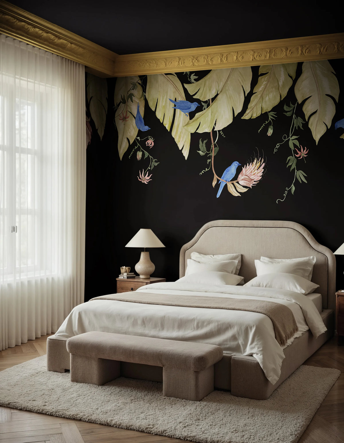 Birds in the Trees, Black Mural Wallpaper - room preview 02