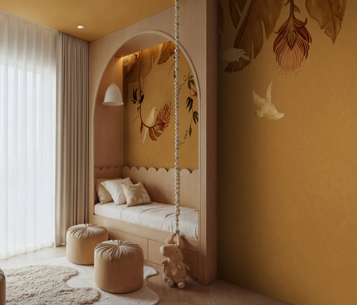 Birds in the Trees, Orange Mural Wallpaper - room preview 02