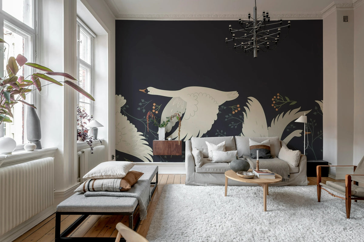 Swan Serenade, Midnight Blue Mural Wallpaper - room preview 02
