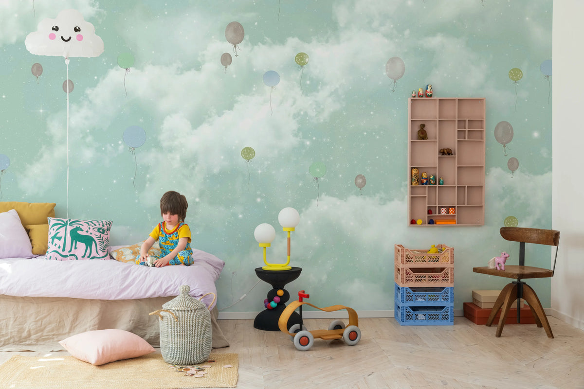 Balloon Clouds, Sky Blue Mural Wallpaper - room preview 02