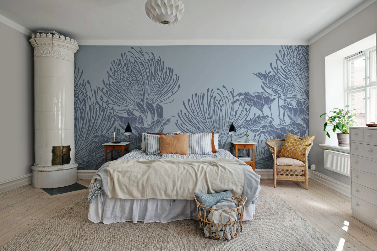 Protea Bloom, Soft Blue Mural Wallpaper - room preview 02