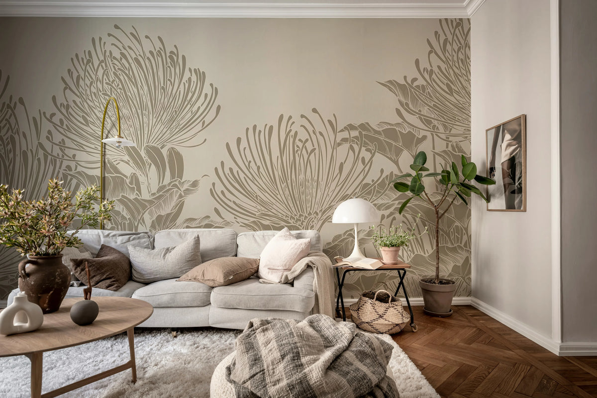 Protea Bloom, Soft Gray Mural Wallpaper - room preview 02