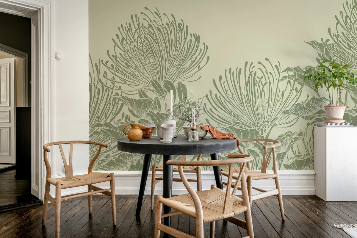Protea Bloom, Soft Green Mural Wallpaper - room preview 02