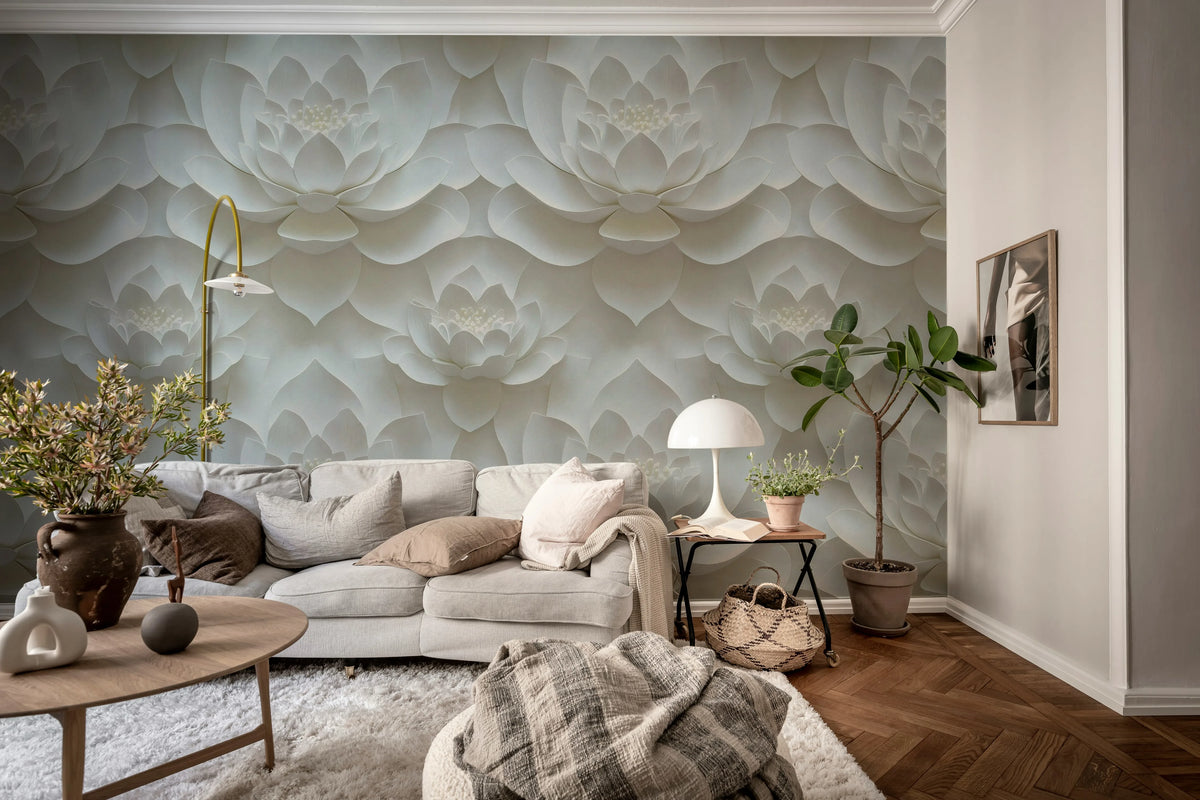 Lotus Dream, White Mural Wallpaper - room preview 02