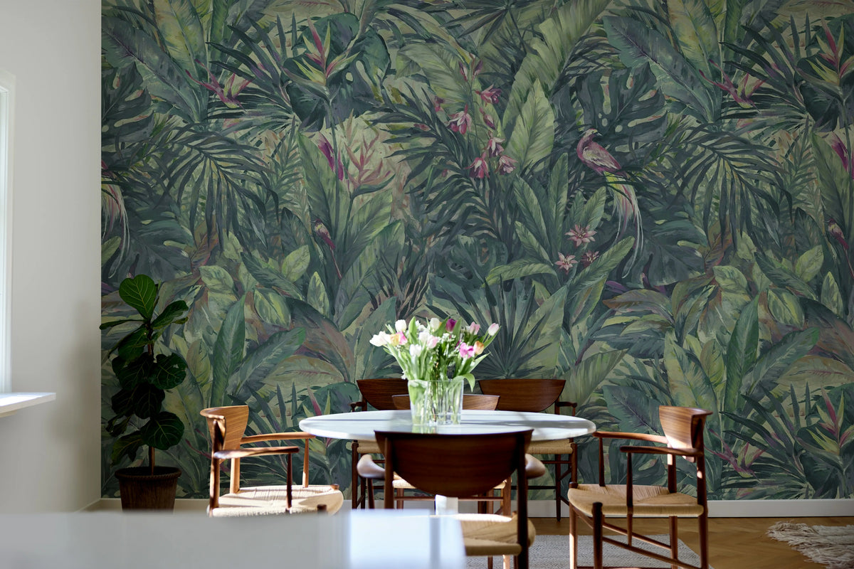 Birds in the Jungle, Blue Mural Wallpaper - room preview 02