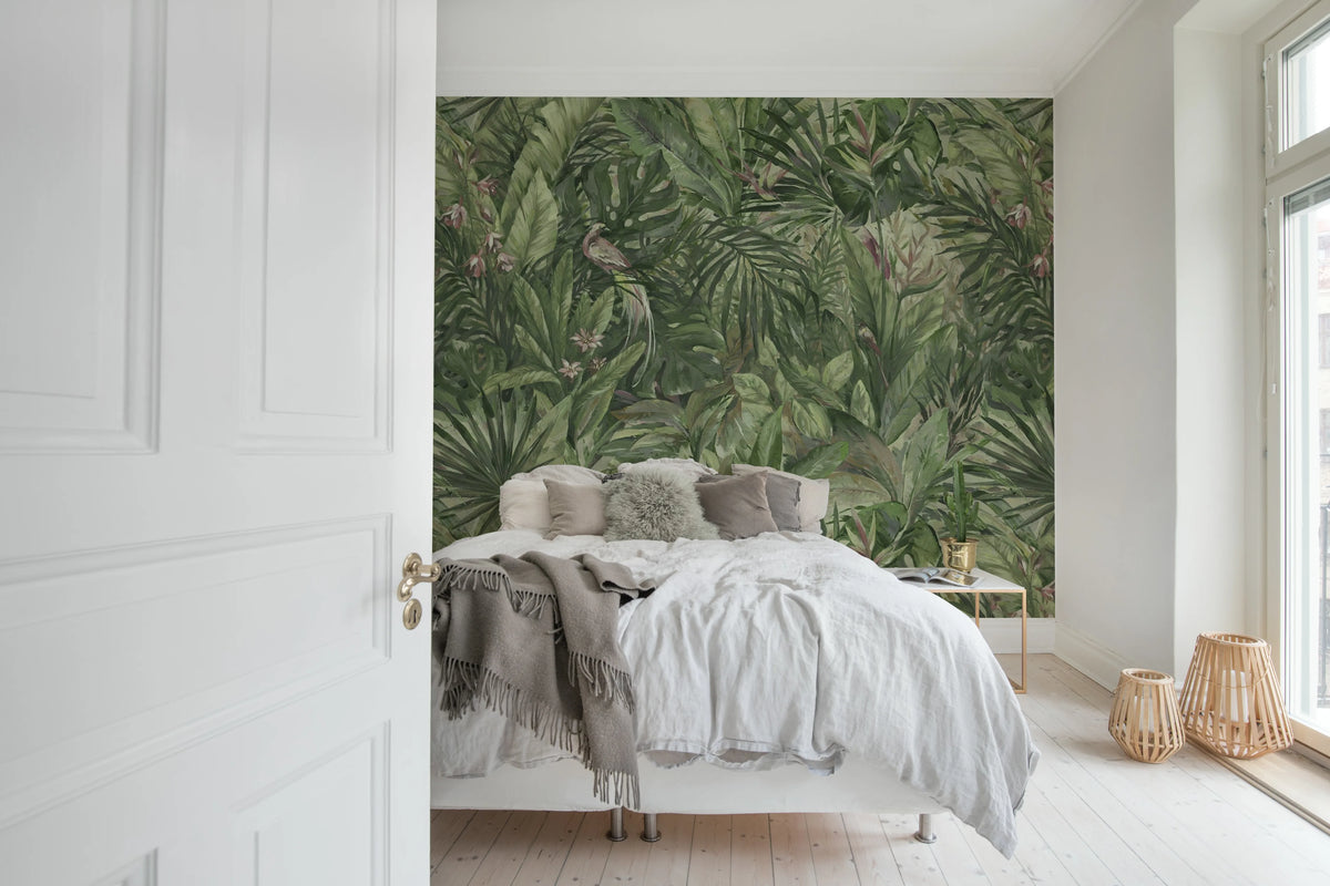 Birds in the Jungle, Green Mural Wallpaper - room preview 02