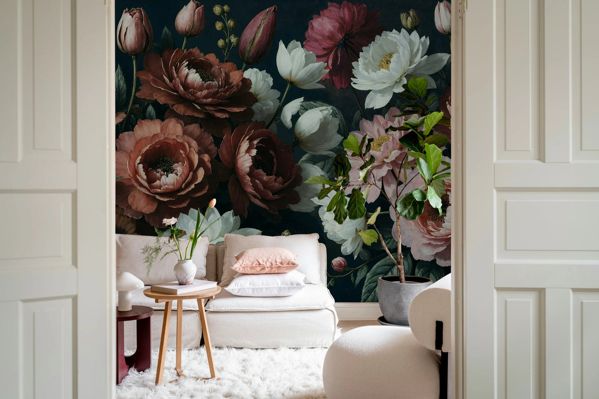 Bouquet in Bloom, Dark Mural Wallpaper - room preview 02