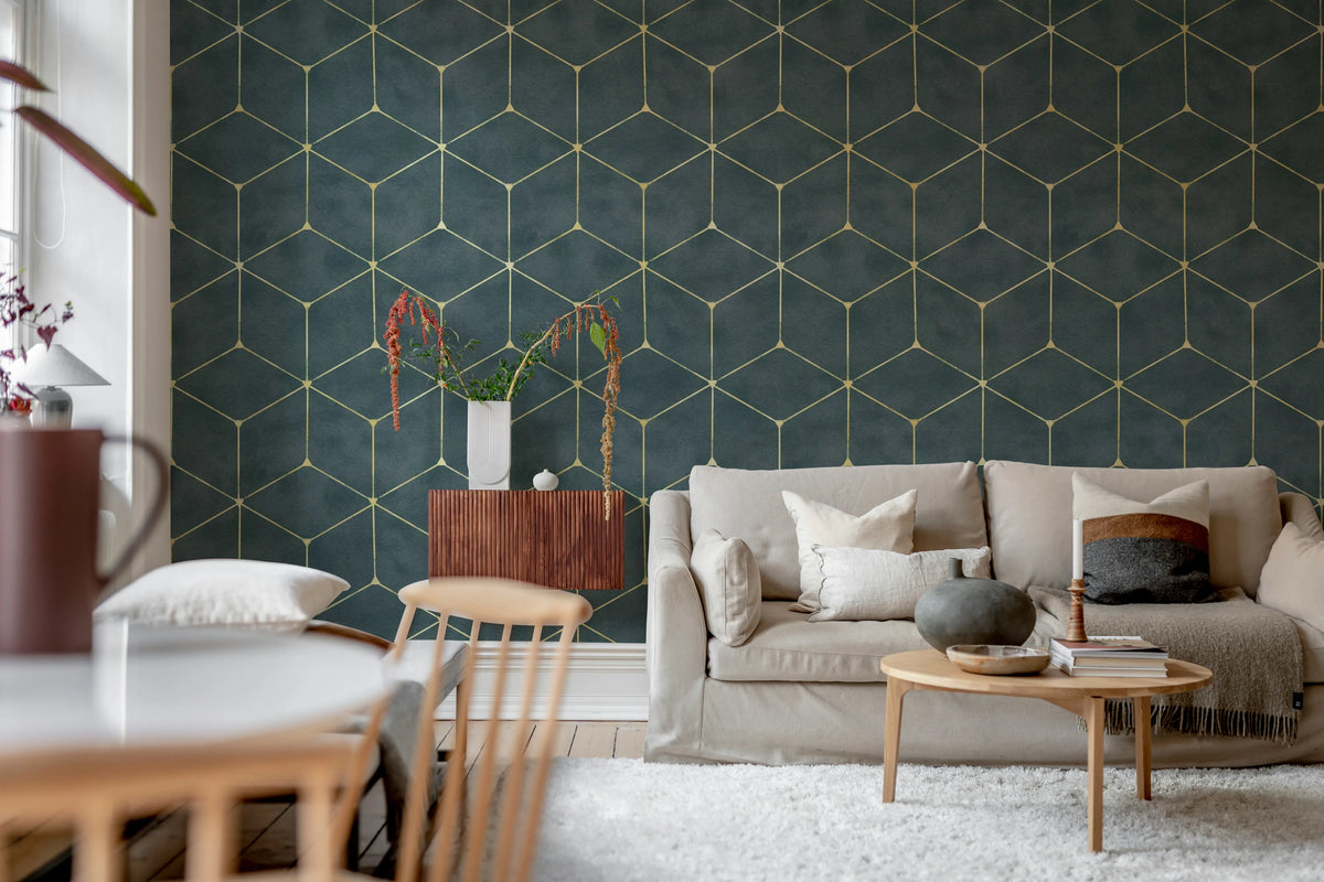 Hexaeder, Blue Mural Wallpaper - room preview 02