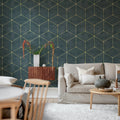 Hexaeder, Blue Mural Wallpaper - room preview 02