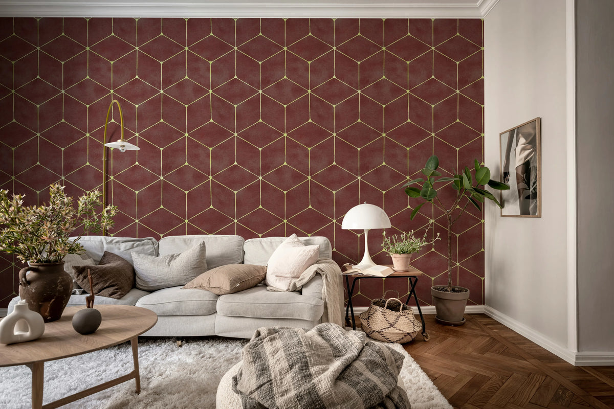 Hexaeder, Burgundy Mural Wallpaper - room preview 02