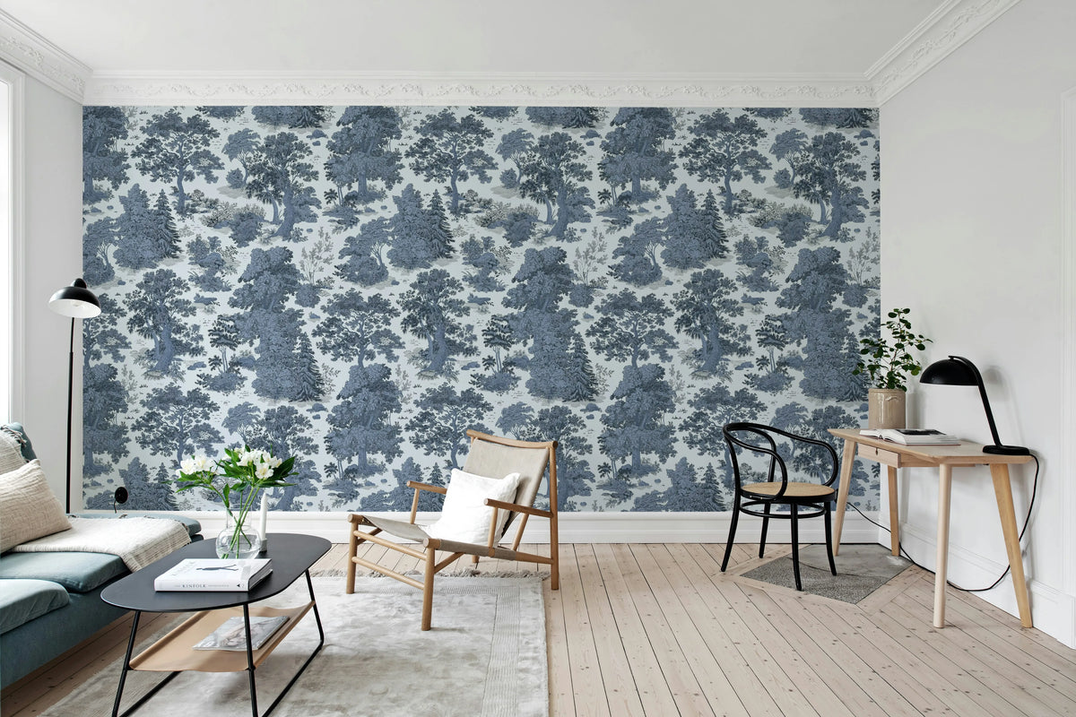 Woodland Toile, Blue Mural Wallpaper - room preview 02