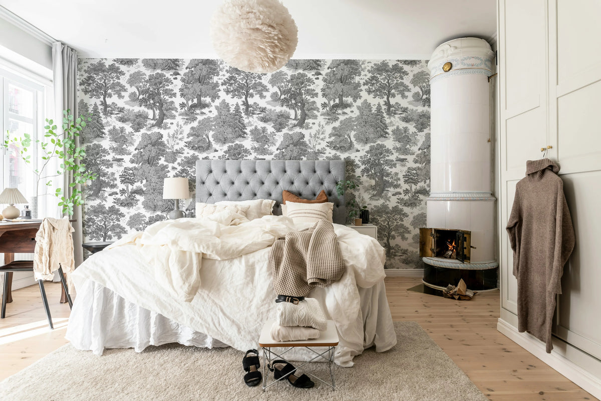 Woodland Toile, Gray Mural Wallpaper - room preview 02