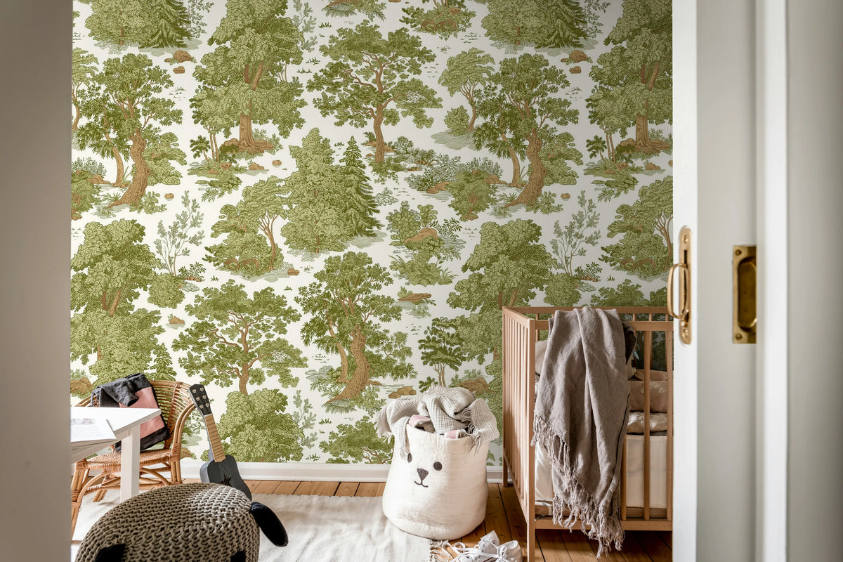 Woodland Toile, Light Green Mural Wallpaper - room preview 02