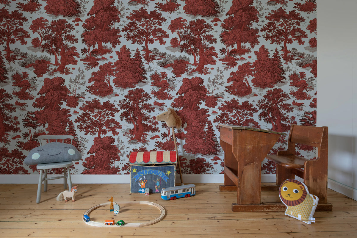 Woodland Toile, Red Mural Wallpaper - room preview 02