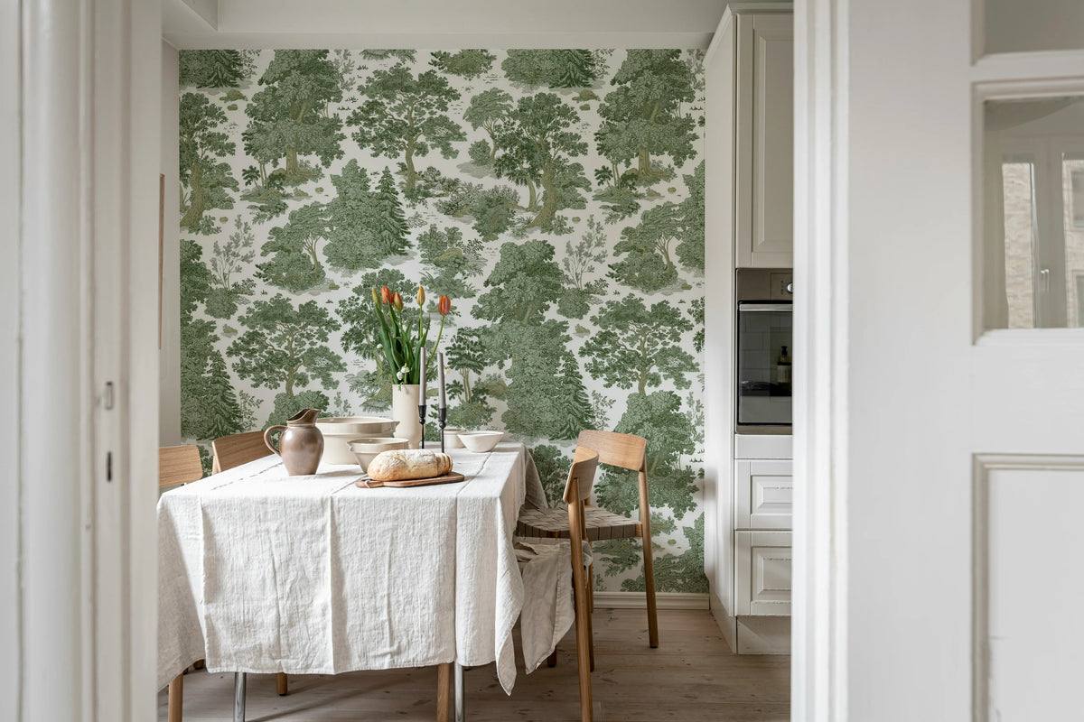 Woodland Toile, Green Mural Wallpaper - room preview 02