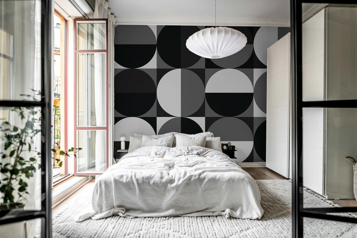 Circle Grid, Black & White Mural Wallpaper - room preview 02