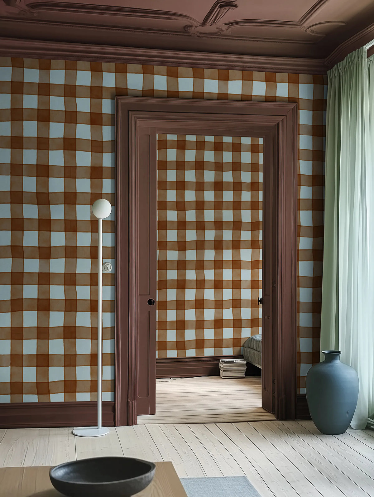 Gingham, Brown Mural Wallpaper - room preview 02