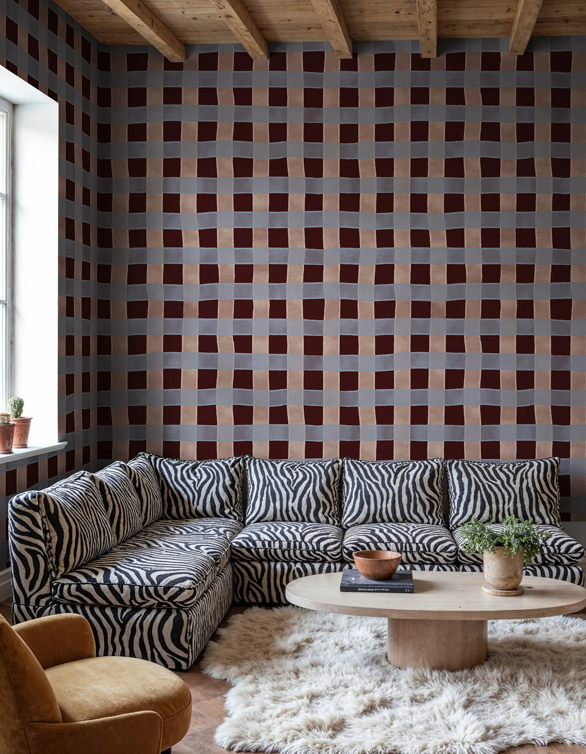 Gingham, Burgundy Mural Wallpaper - room preview 02