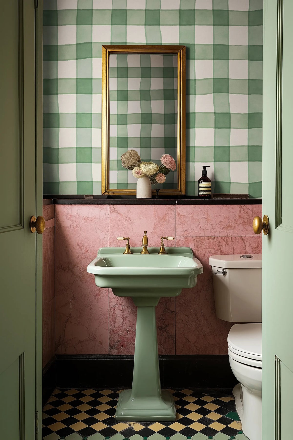 Gingham, Green Mural Wallpaper - room preview 02