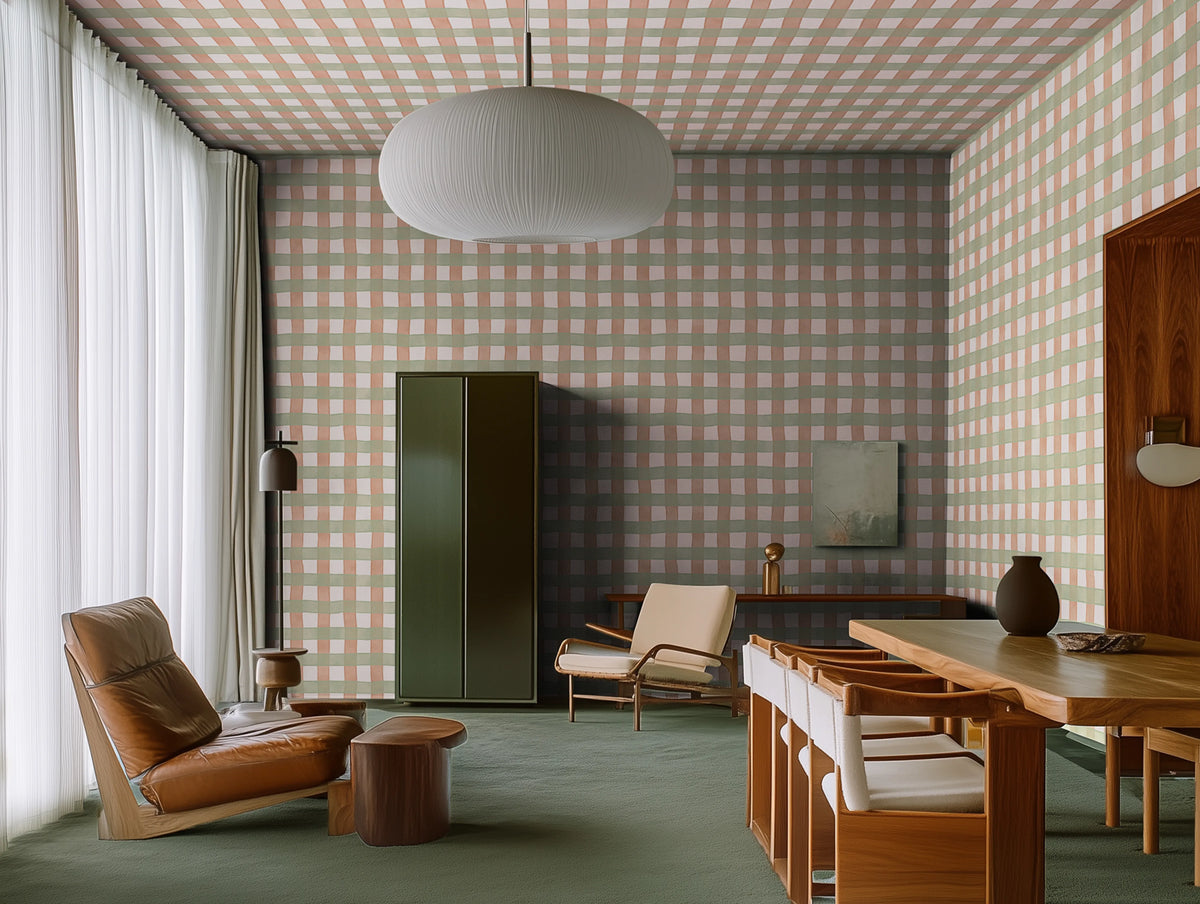 Gingham, Pink Mural Wallpaper - room preview 02