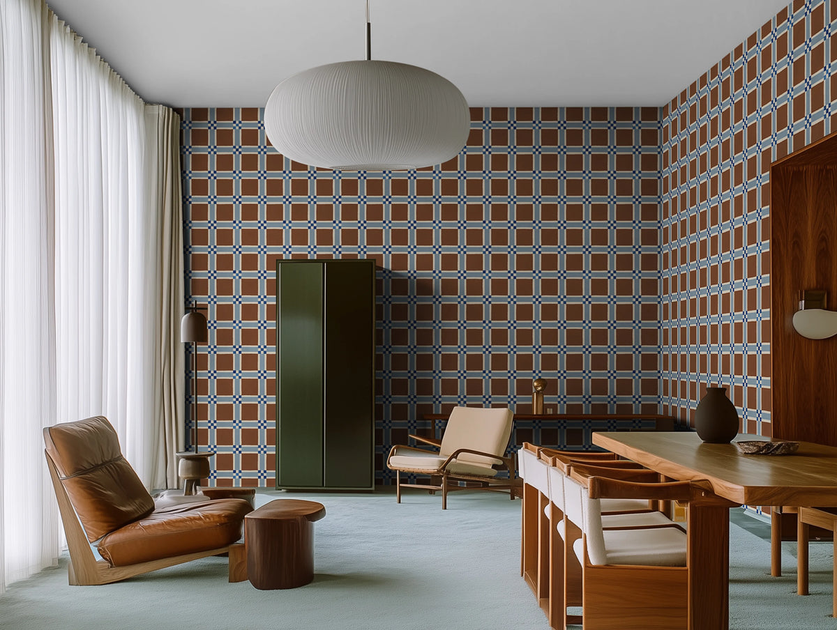 Bold Grid, Brown Mural Wallpaper - room preview 02