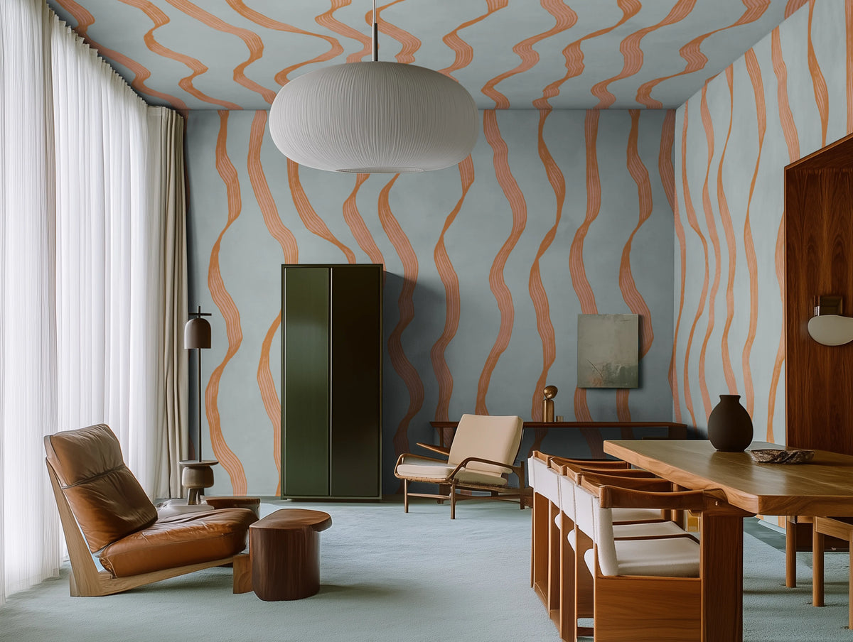 Ribbon Stripe, Blue Mural Wallpaper - room preview 02