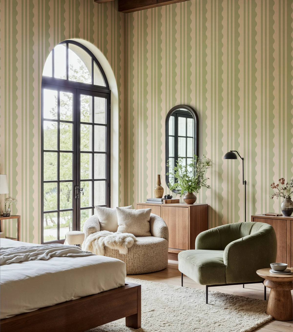 Wavy Stripe, Light Green Mural Wallpaper - room preview 02