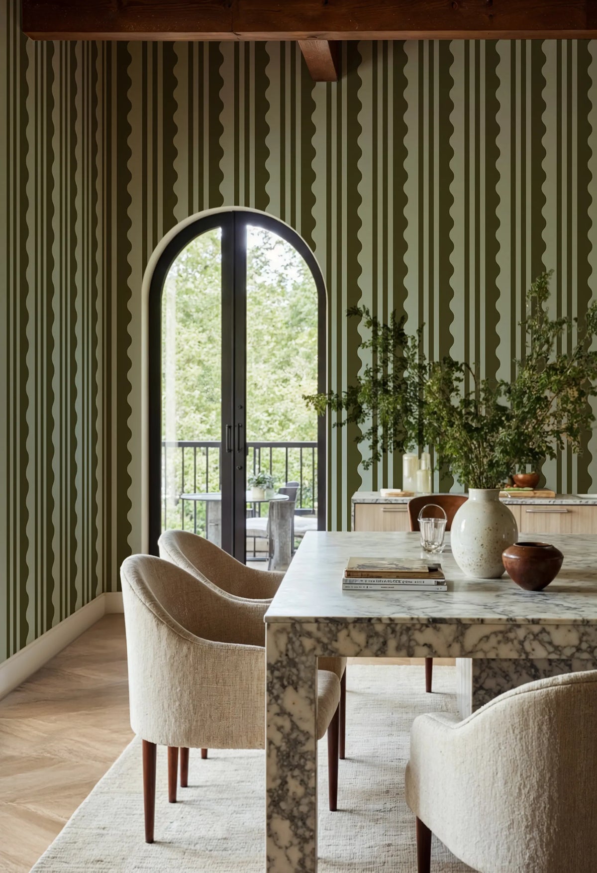Wavy Stripe, Moss Green Mural Wallpaper - room preview 02