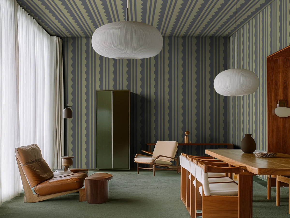 Wavy Stripe, Dark Green Mural Wallpaper - room preview 02