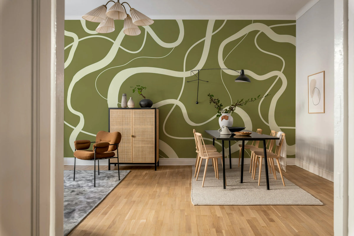 Twisting Lines, Olive Mural Wallpaper - room preview 02