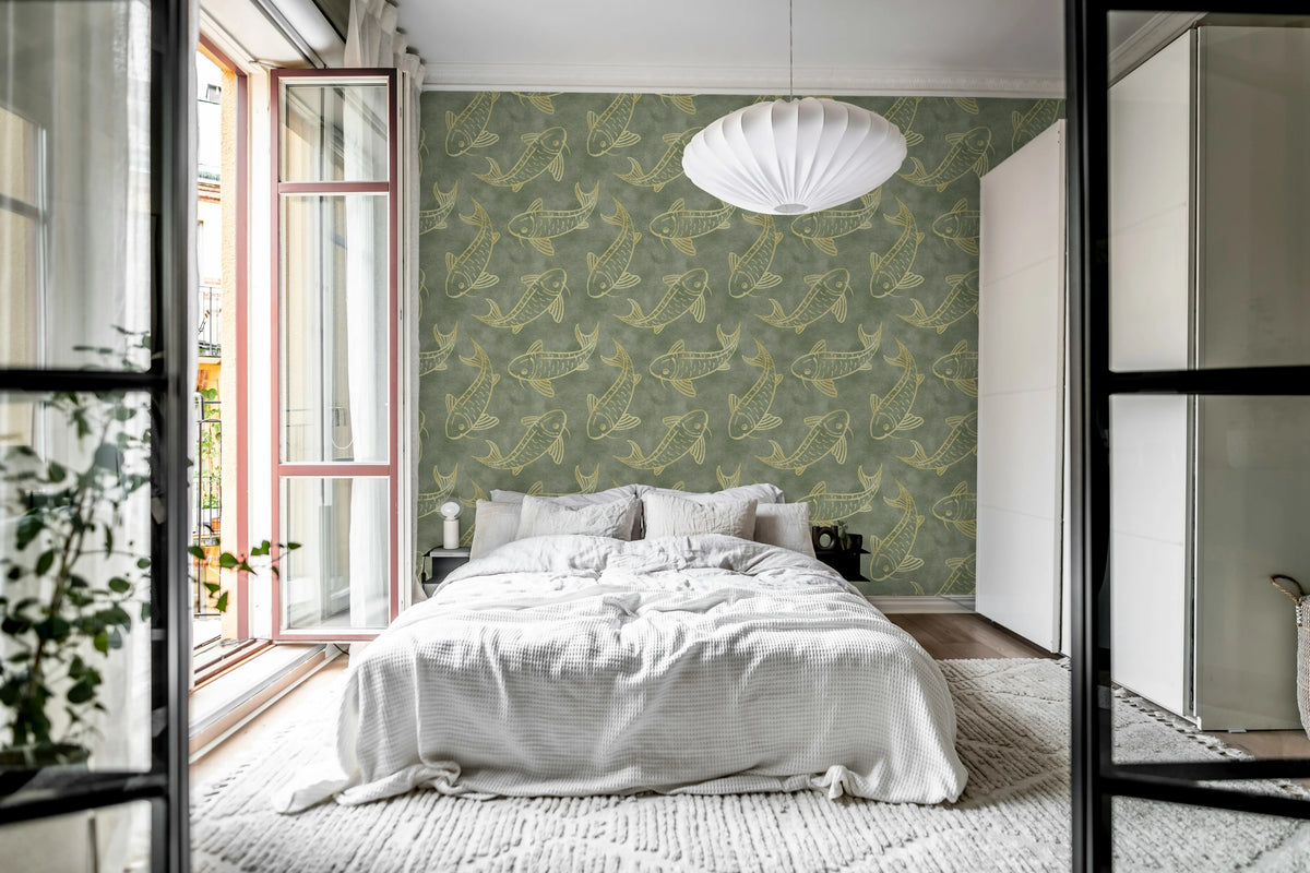 Koi Pond, Green Mural Wallpaper - room preview 02